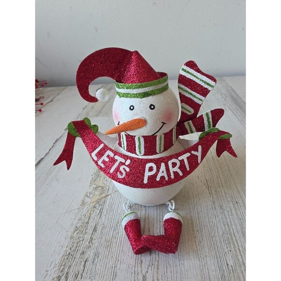 Pier 1? Metal snowman shelf sitter glitter sparkle red Xmas decor statue figurin - Picture 1 of 7